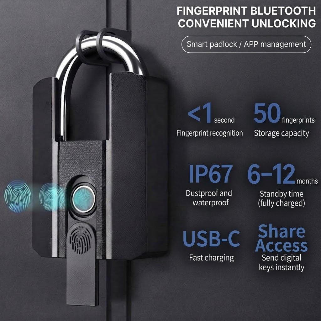 Smart Bluetooth padlock with fingerprint and app control, IP67 waterproof