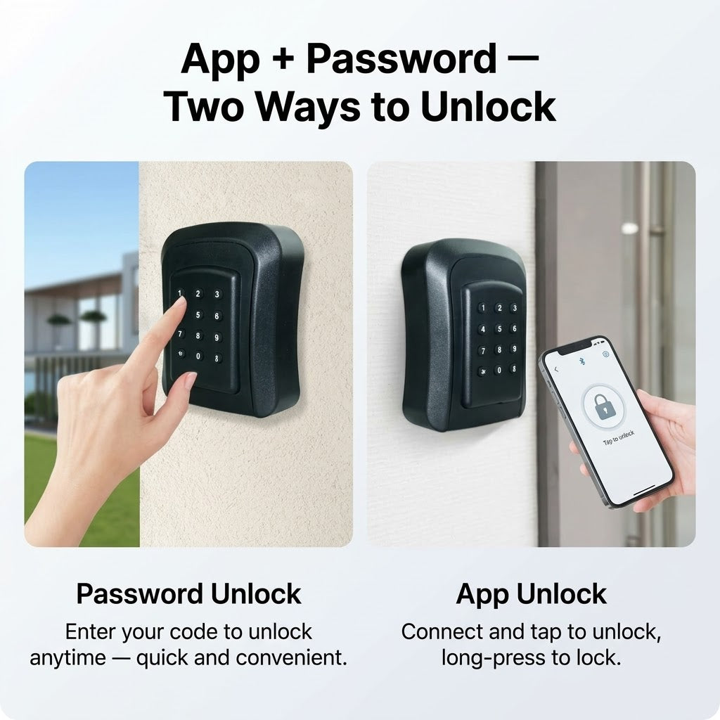 Smart outdoor key safe with weatherproof design, app and password control